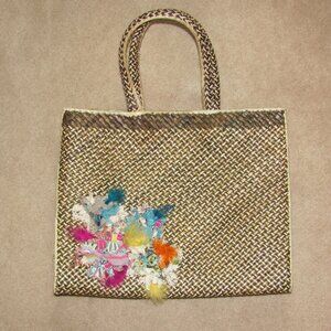 Gorgeous large straw tote bag with feather and fabric embellishment
